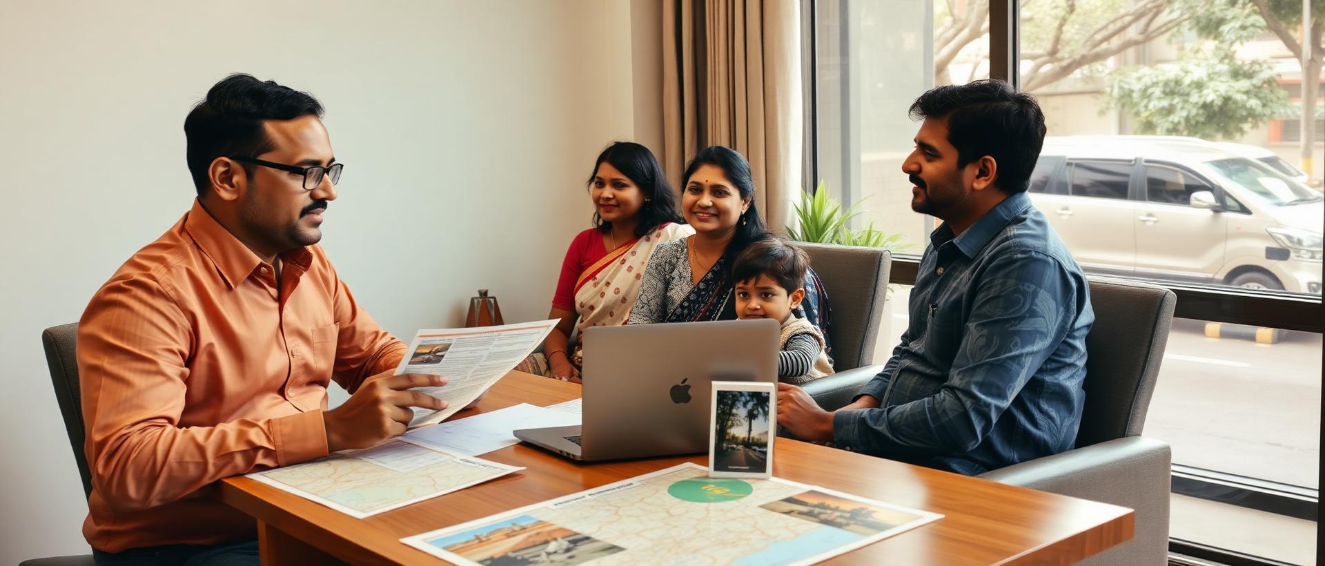 Fortune Tourism travel consultant assisting an Indian family with a South India itinerary in a Bengaluru office