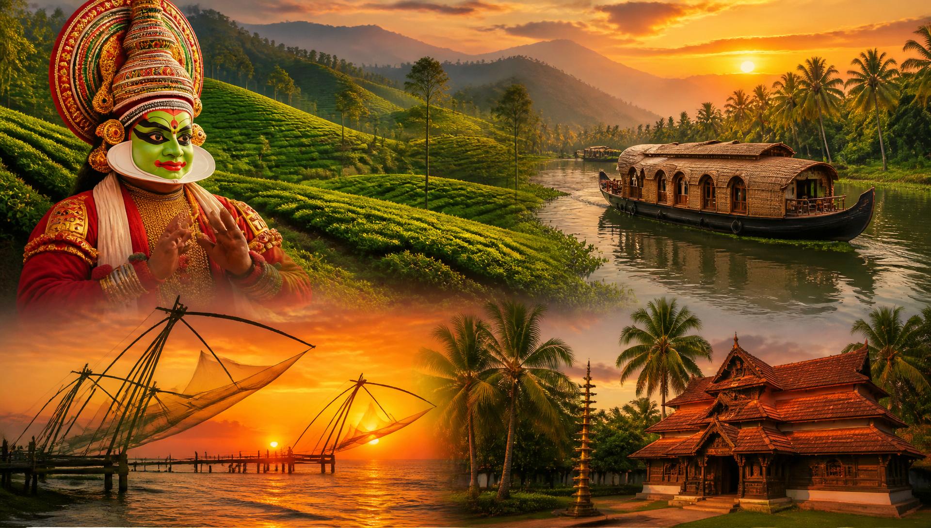 Kerala — Kathakali artist, Munnar tea hills, Alleppey backwaters, Chinese fishing nets and temple architecture.