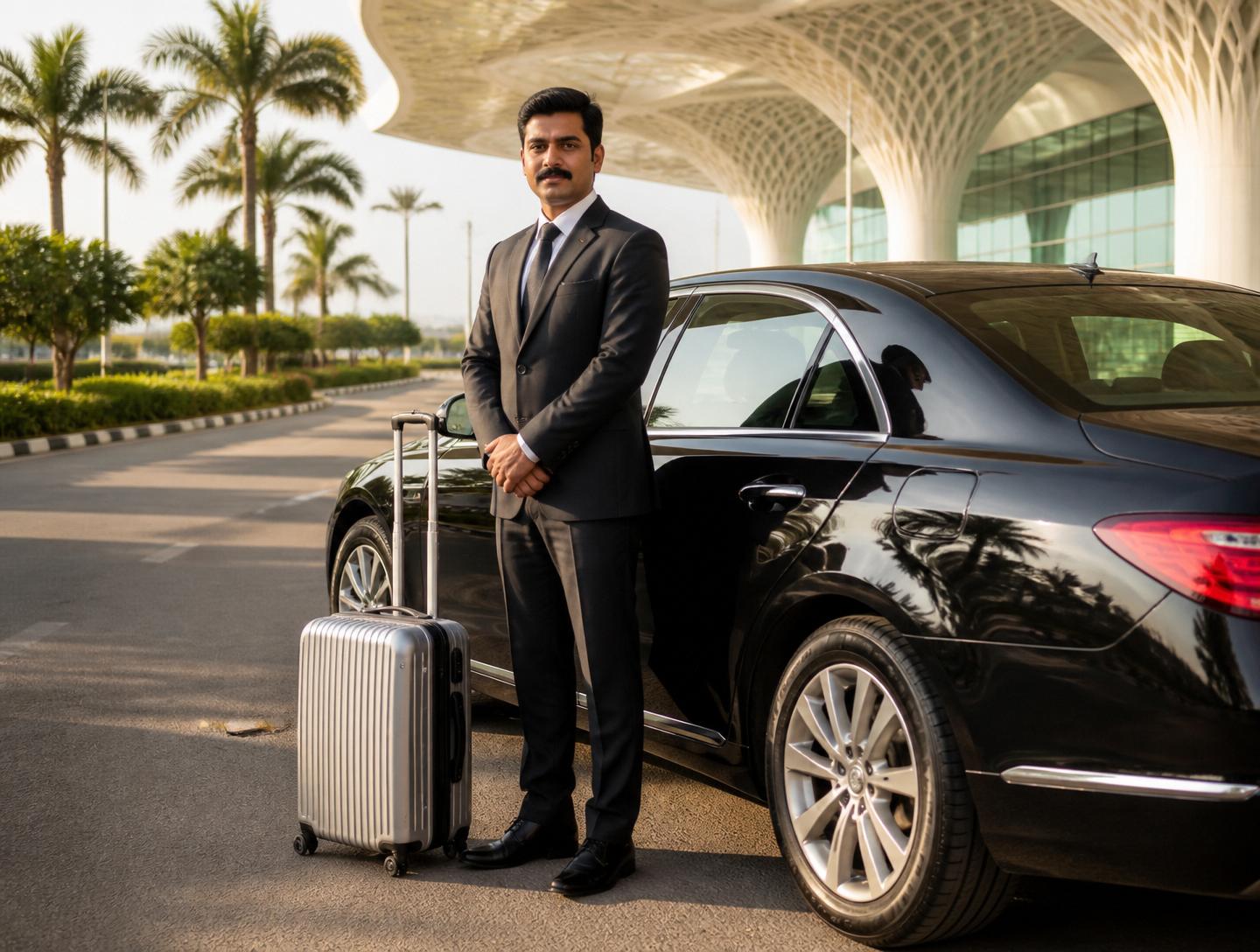 Chauffeur in a suit standing beside a black luxury sedan at the Bengaluru airport